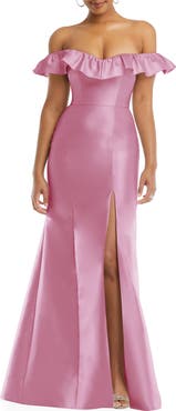 Alfred Sung Off the Shoulder Ruffle Satin Trumpet Gown