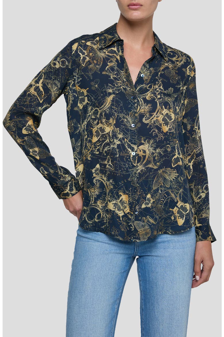 Nina Zodiac Toile Print Silk Button-Up Shirt, Main, color, MIDNIGHT/ GOLD ZODIAC TOILE