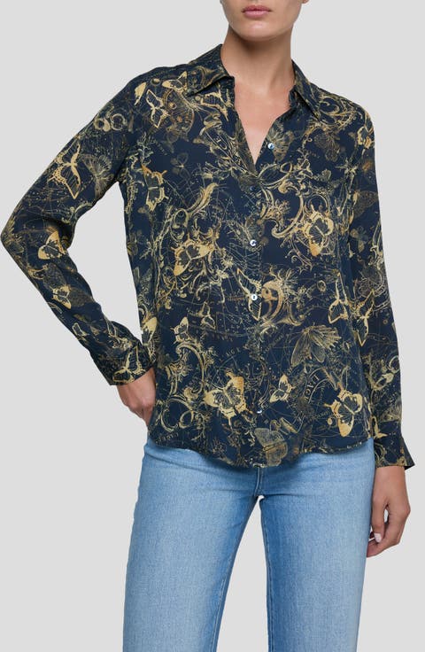 Nina Zodiac Toile Print Silk Button-Up Shirt