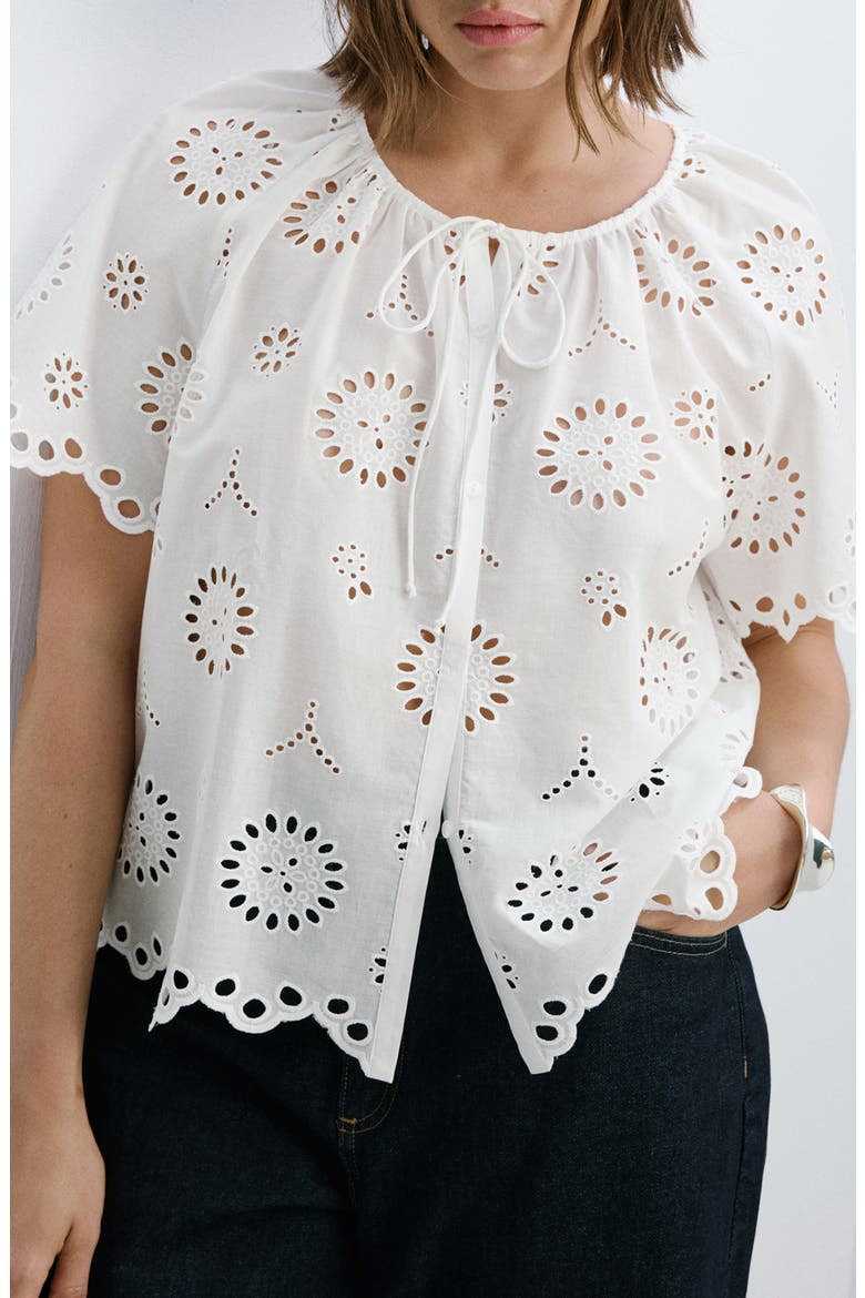 Openwork Embroidered Cotton Button-Up Top, Alternate, color, OFF WHITE