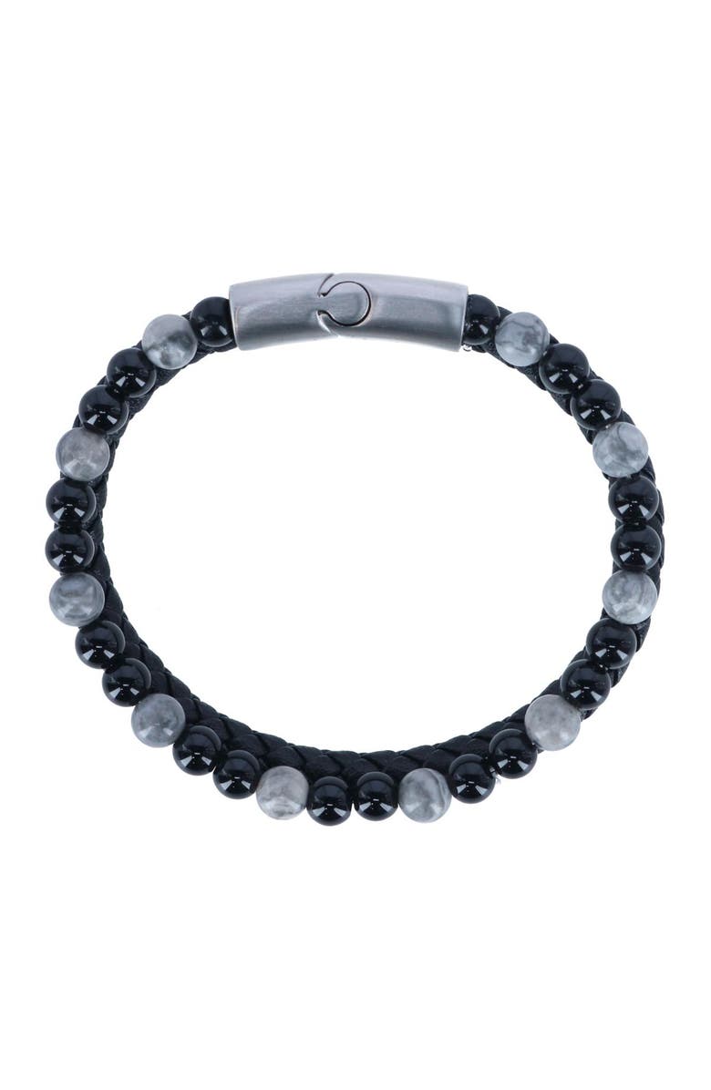 Trafalgar Loose Fit Thurgood Beaded and Braided Leather Secure Clasp Bracelet, Alternate, color, Black