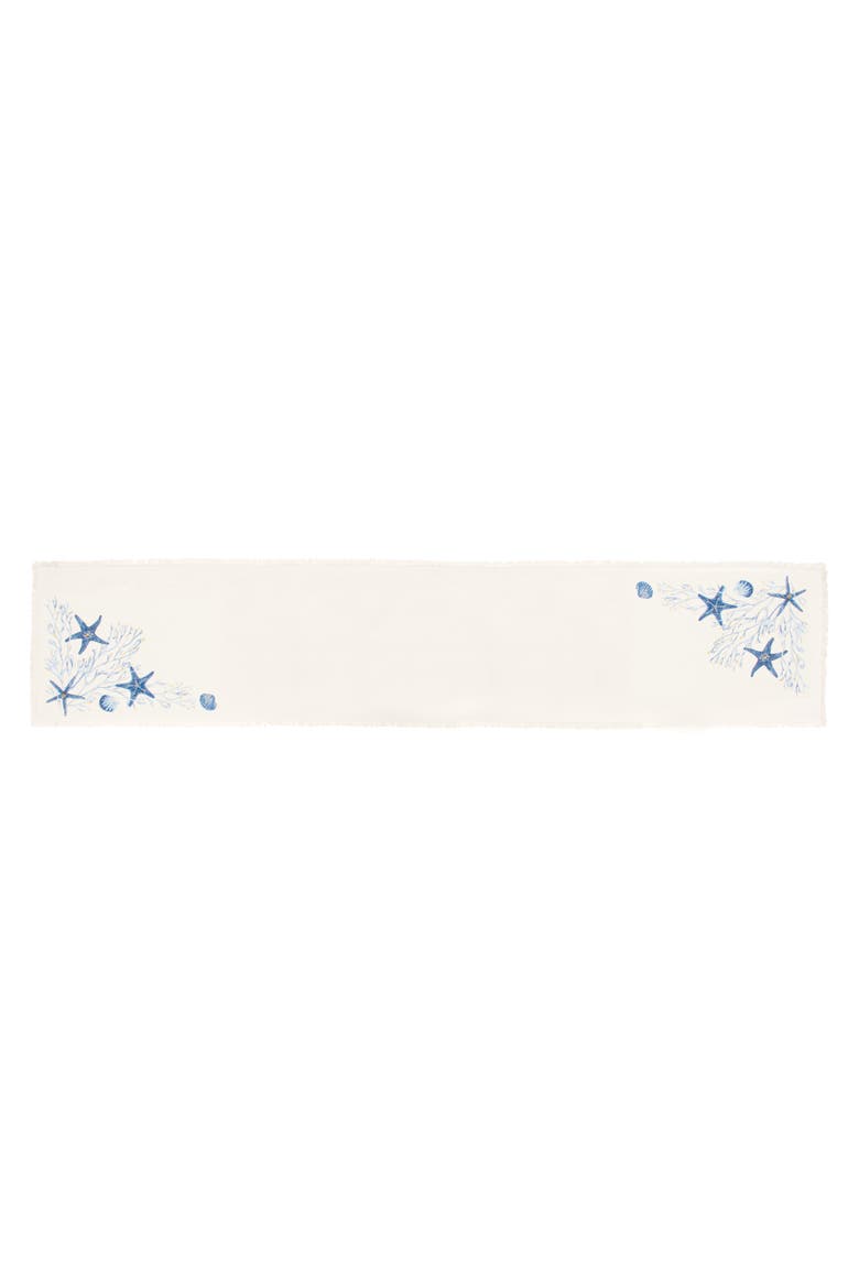 Tidal Treasures Starfish Coral Coastal Embroidered Fringed Table Runner 14" x 72", Main, color, Blue