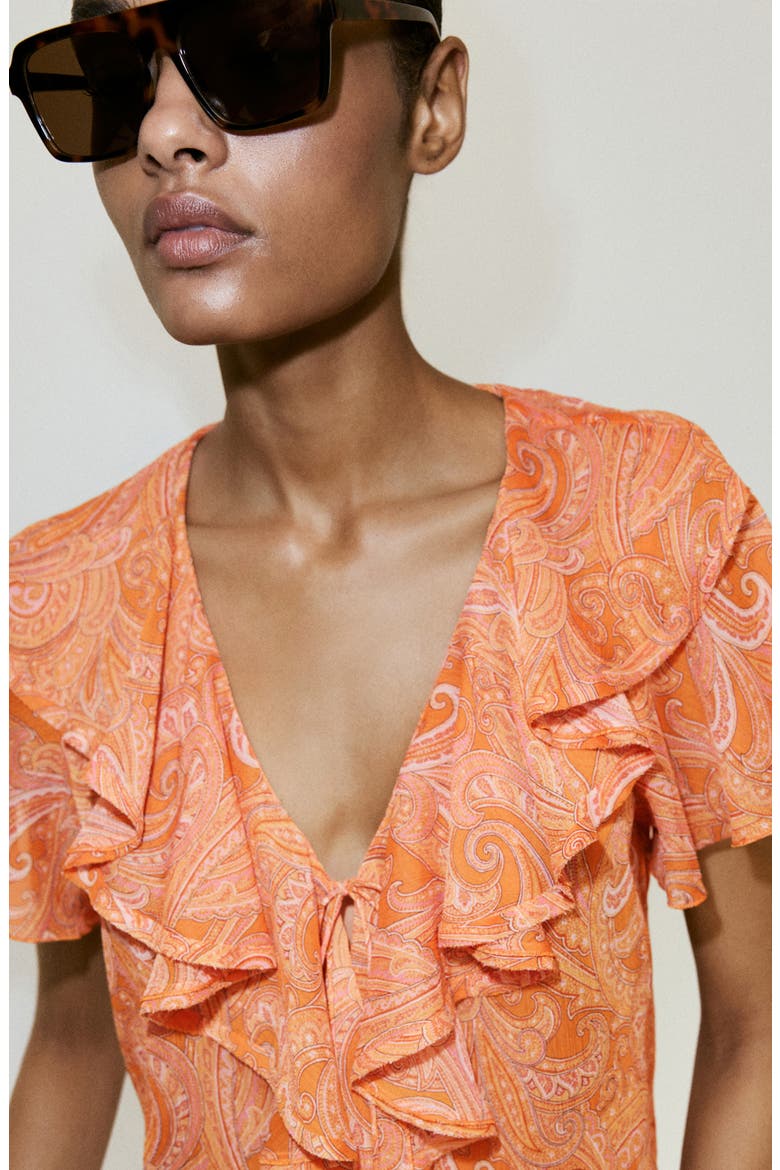 Ruffled Printed Top, Alternate, color, ORANGE