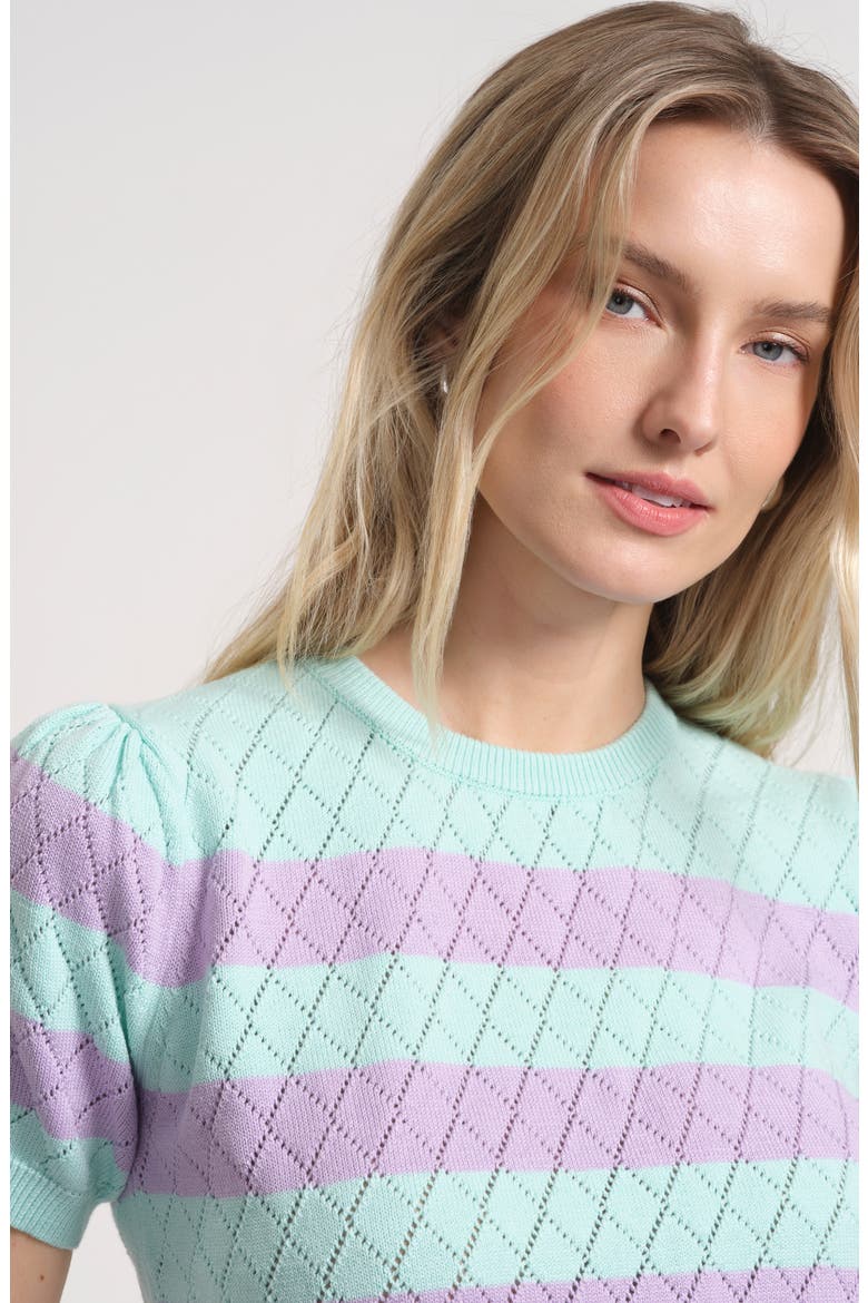 Pointelle Puff Sleeve Sweater, Alternate, color, BLUE/ LILAC