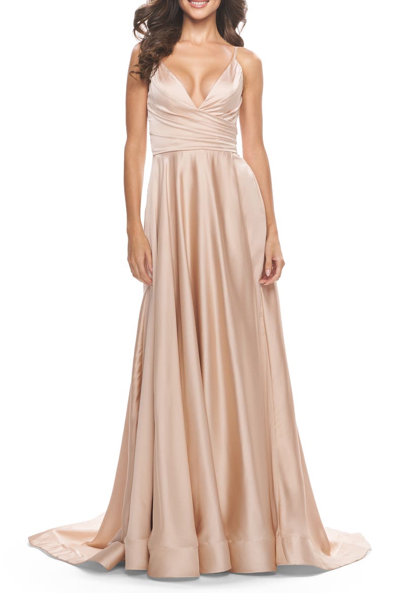 Long Satin Dress with Side Slit and V Shaped Back, Alternate, color, Beige