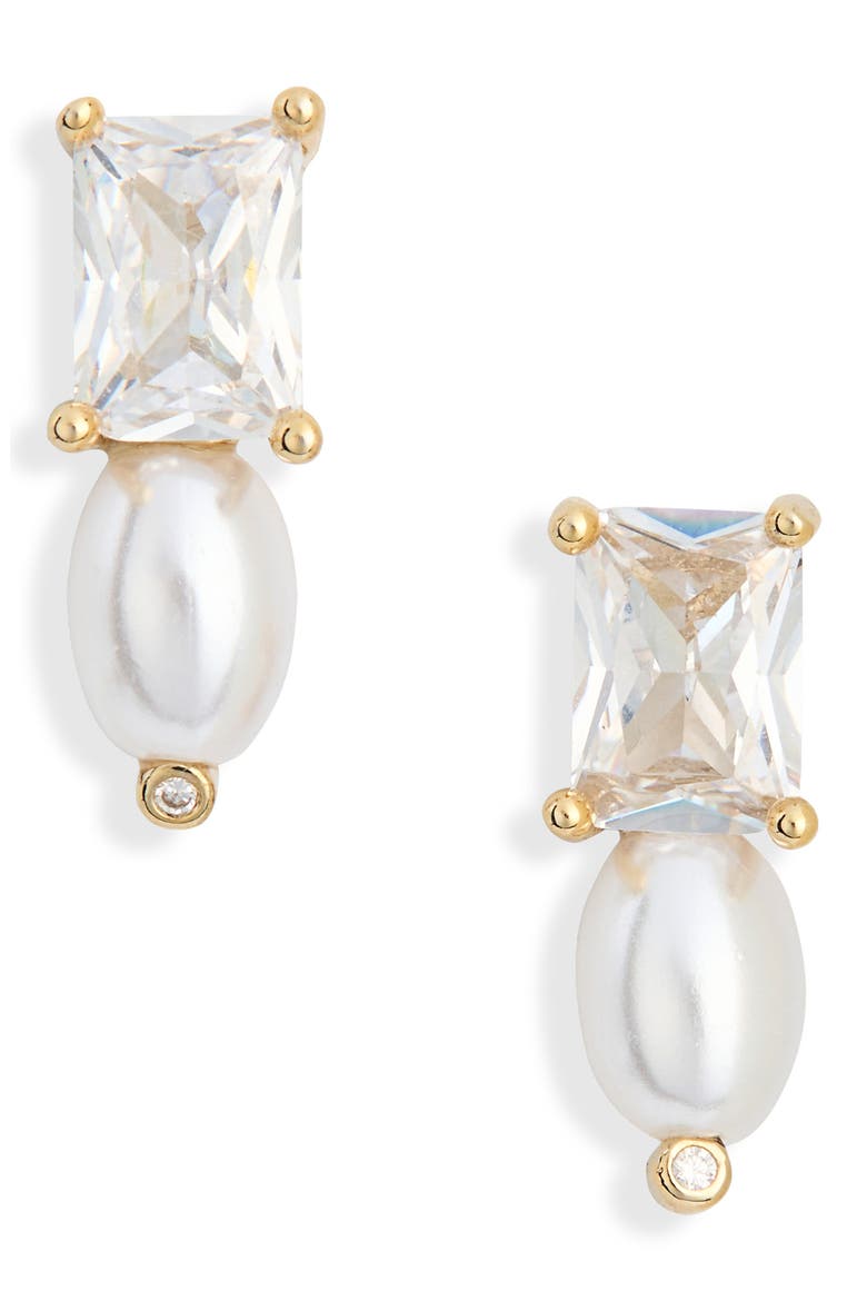 Emerald Cubic Zirconia & Faux Pearl Stud Earrings, Main, color, CLEAR- WHITE- GOLD