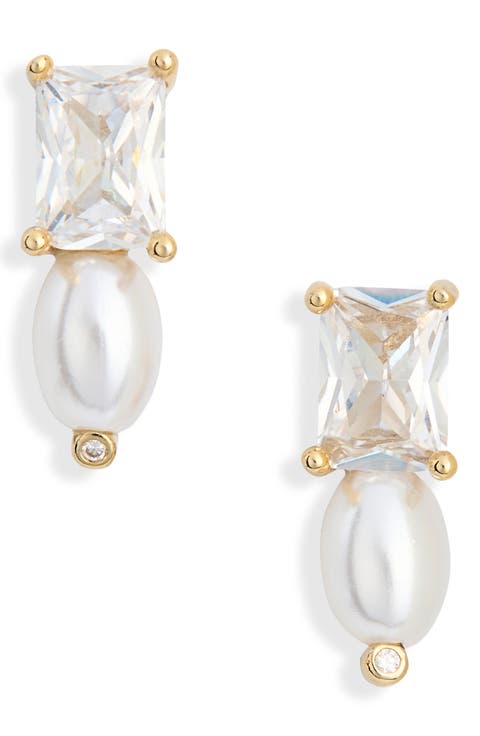 Emerald Cubic Zirconia & Faux Pearl Stud Earrings