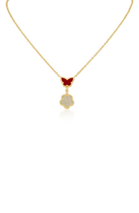 Faux Coral Butterfly & CZ Pavé Clover Drop Pendant Necklace