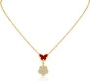 CZ by Kenneth Jay Lane Faux Coral Butterfly & CZ Pavé Clover Drop Pendant Necklace
