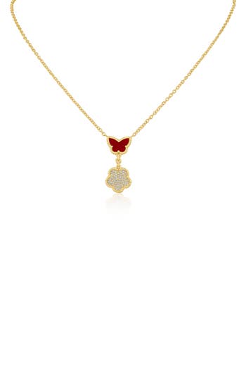 Cz By Kenneth Jay Lane Faux Coral Butterfly & Cz Pavé Clover Drop Pendant Necklace In Gold