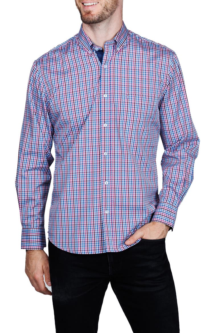 Check Print Performance Button Down Shirt, Main, color, BLUE MULTI