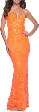 La Femme Neon Fitted Print Sequin Pastel Prom Dress