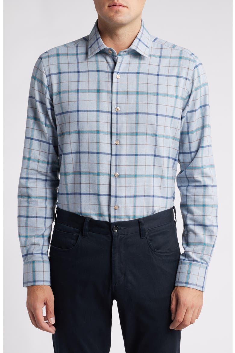 Mélange Exploded Tattersall Flannel Button-Up Shirt, Main, color, SKY HEATHER