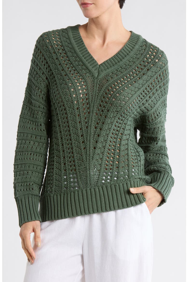 Beachy Open Stitch Cotton Sweater, Main, color, DARK JADE