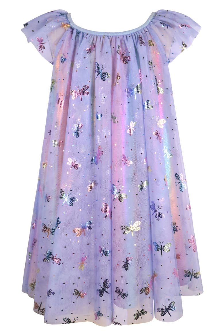Kids' Dragonfly Foil Flutter Sleeve Tulle Party Dress, Main, color, PERIWINKLE / MULTI