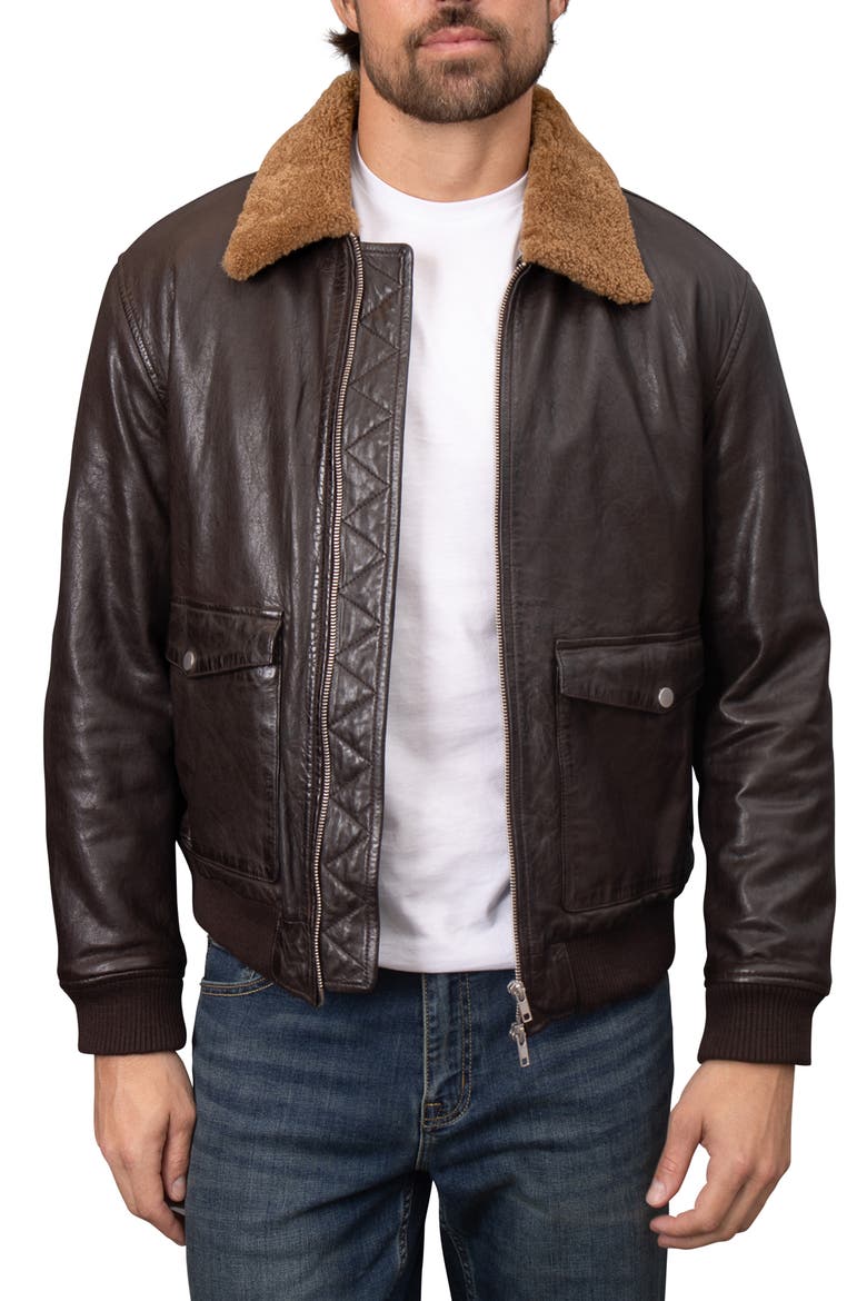 Washed Leather Aviator Jacket with Genuine Shearling Collar, Main, color, ESPRESSO
