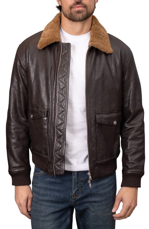 Washed Leather Aviator Jacket with Genuine Shearling Collar