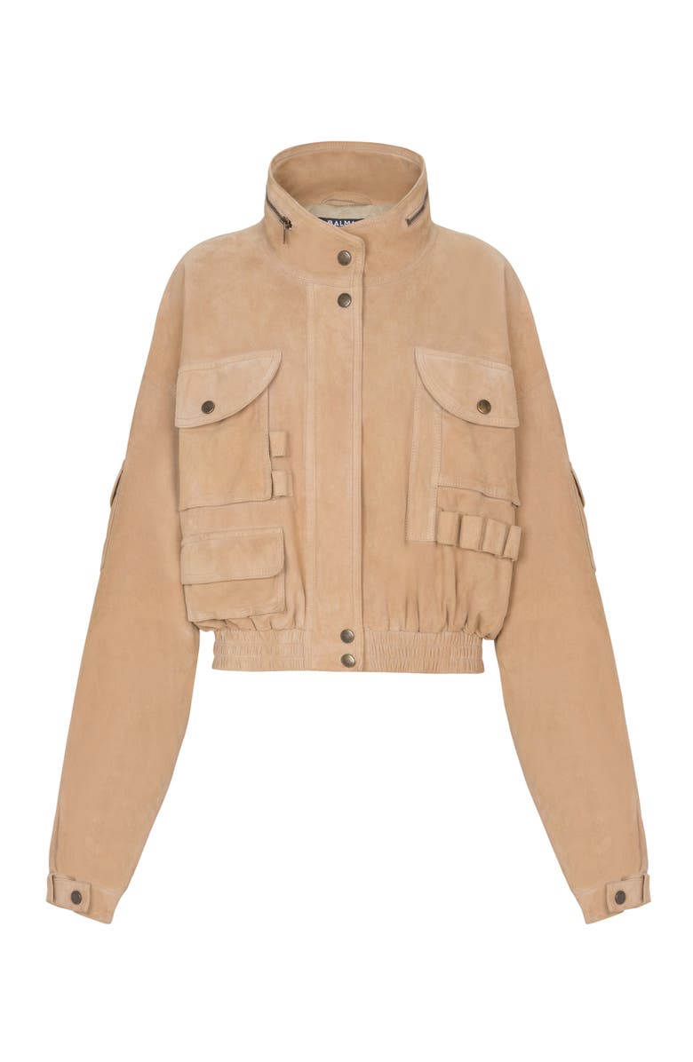 Balmain Suede bomber jacket, Alternate, color, Beige