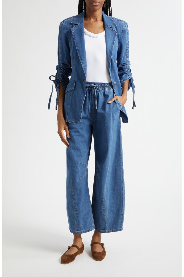 Norah Ruched Sleeve Denim Blazer, Alternate, color, LIGHT WASH