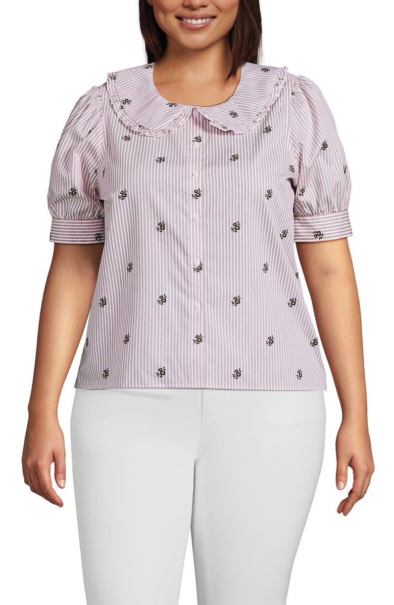 Lands' End Plus Size Carefree Cotton Puff Sleeve Statement Collar Shirt, Main, color, White/Brown Floral Stripe