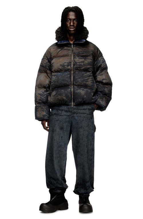 Diesel Puffer Jacket In Dirt-effect Camo Denim In Black