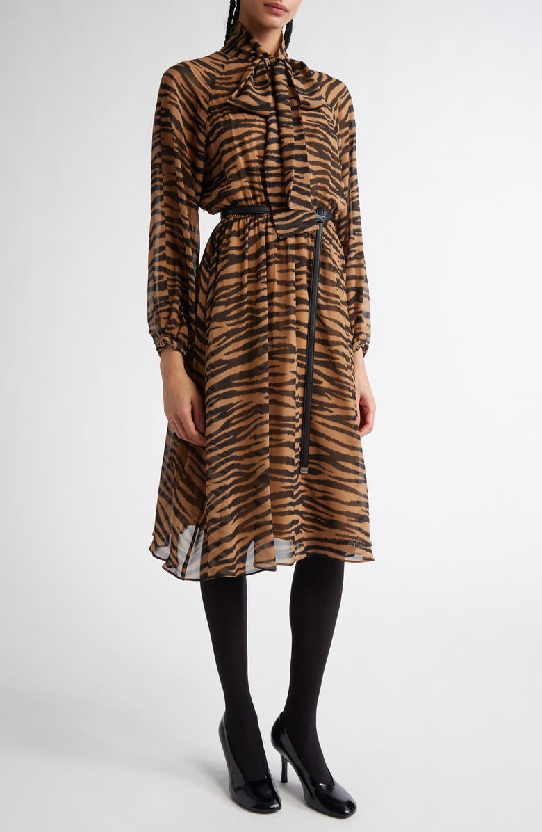Max Mara Studio Glizia Tiger Stripe Long Sleeve Belted Silk Georgette Midi Shirtdress, Main, color, 