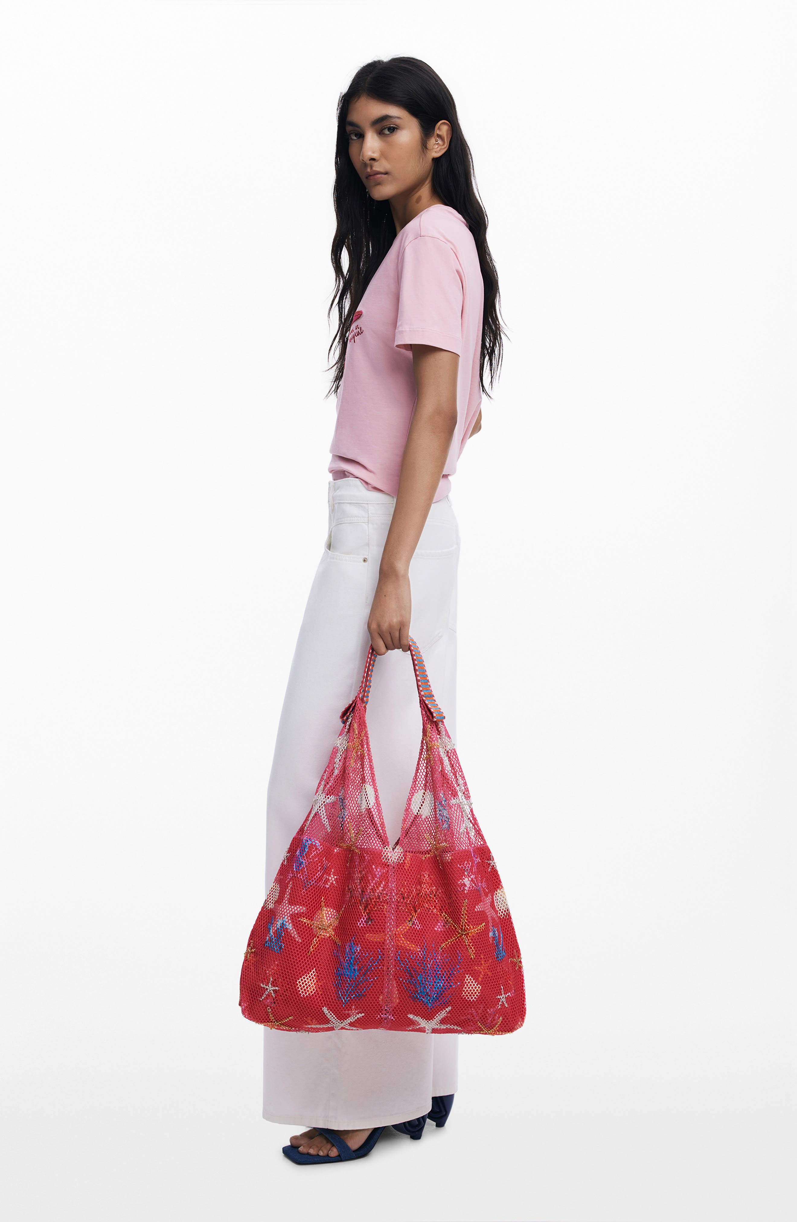 Desigual Print Embellished Net Shopper, Alternate, color, Fuchsia