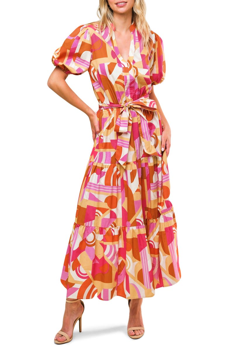 FLYING TOMATO Puff Sleeve Tiered Cotton Maxi Dress, Main, color, Camel Pink