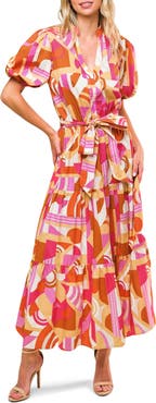 FLYING TOMATO Puff Sleeve Tiered Cotton Maxi Dress