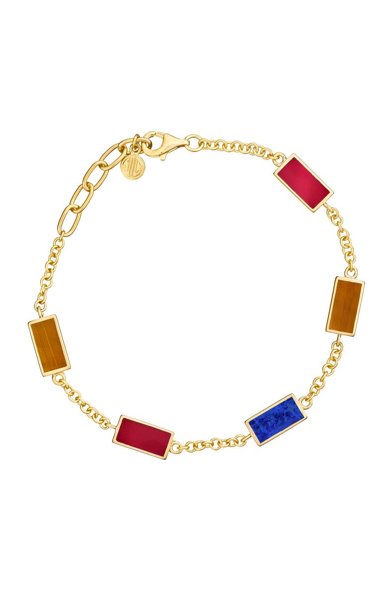 Jan Leslie Multi Gemstone Five Station Dash Rectangle Bracelet In Sterling With 18K Gold Overlay, Main, color,