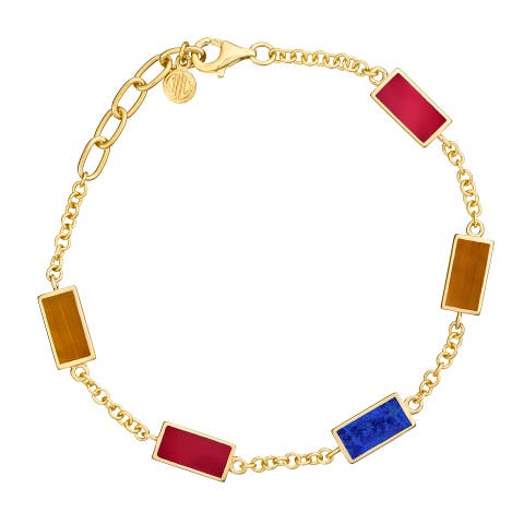 Multi Gemstone Five Station Dash Rectangle Bracelet In Sterling With 18K Gold Overlay