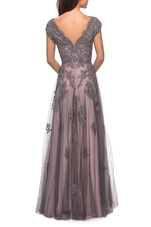 La Femme Tulle Evening Gown With Embroidery And Cap Sleeves In Pink/gray