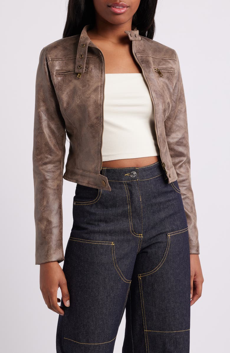 LIONESS Bella Faux Leather Moto Jacket, Main, color, Chocolate