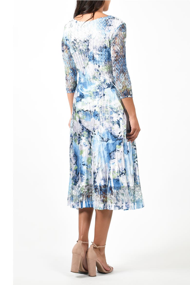 Blue Watercolor Print Charmuese 3/4 Sleeve Dress, Alternate, color, Luminaria