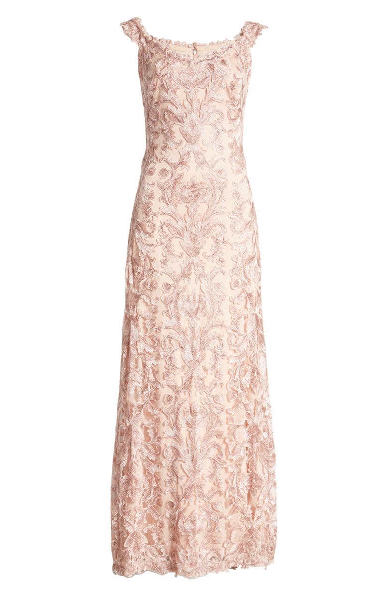 Tadashi Shoji Off the Shoulder Cap Sleeve Embroidered Lace Gown, Alternate, color,