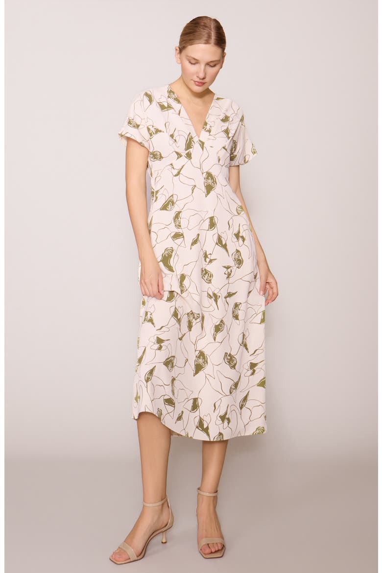 Floral V-Neck Midi Dress, Alternate, color, BONE/ GREEN FLORAL