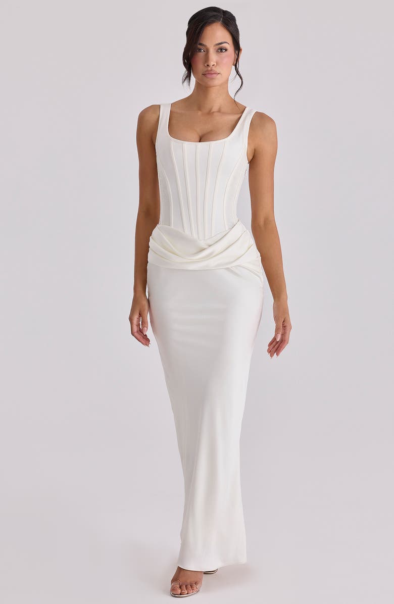 HOUSE OF CB Kira Corset Bodice Satin Gown, Alternate, color, Ivory