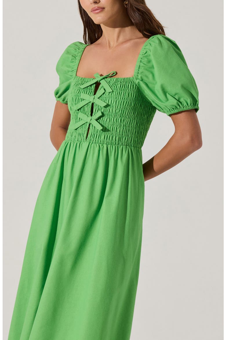 Bow Detail Smock Bodice Cotton Blend Dress, Alternate, color, GREEN