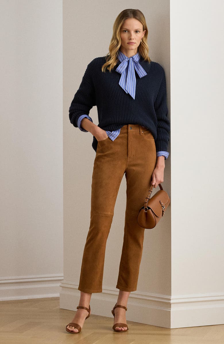 Lauren Ralph Lauren Suede High Waist Ankle Straight Leg Pants, Alternate, color, Cuoio