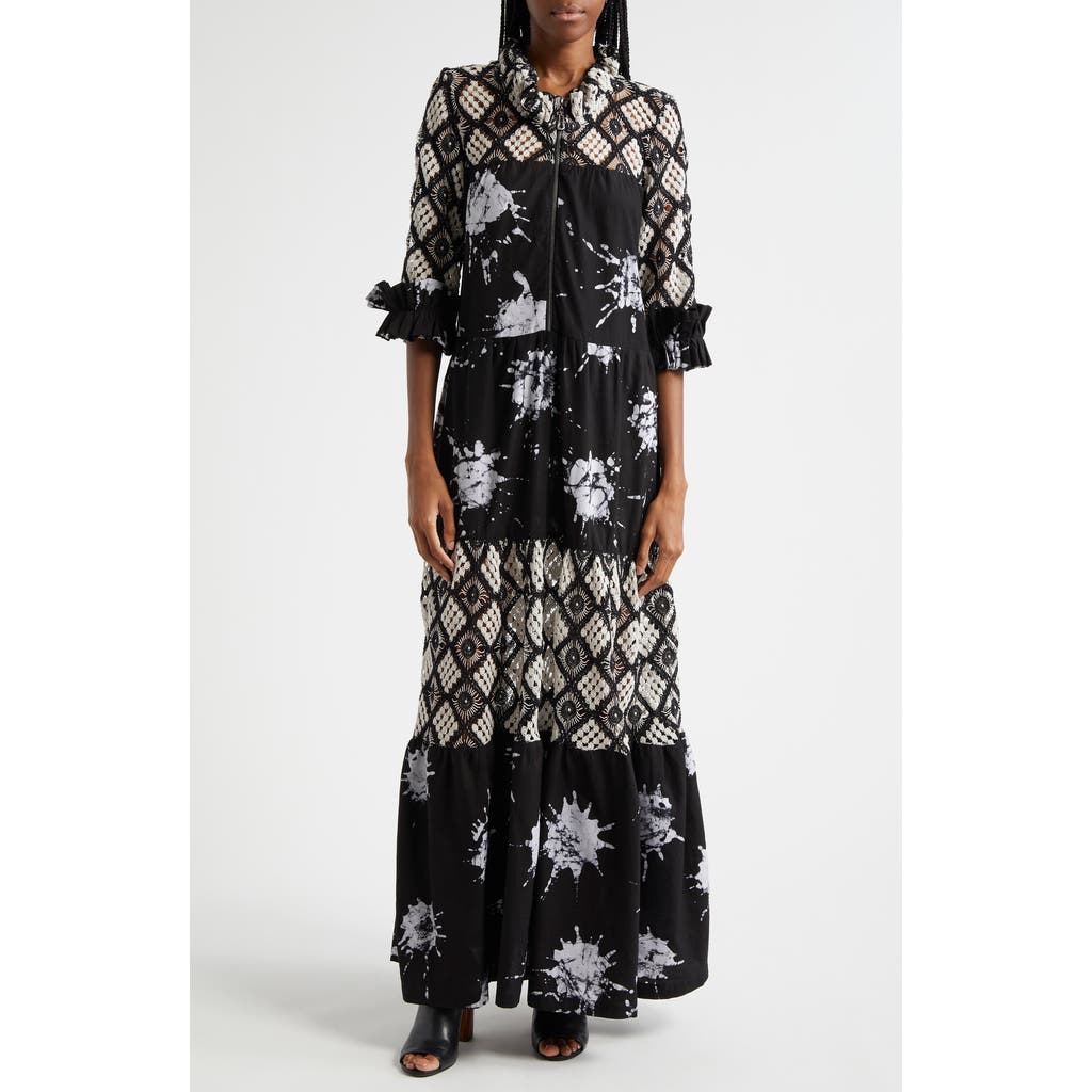 BUSAYO Bidemi Mixed Media Cotton Maxi Dress in Black/White