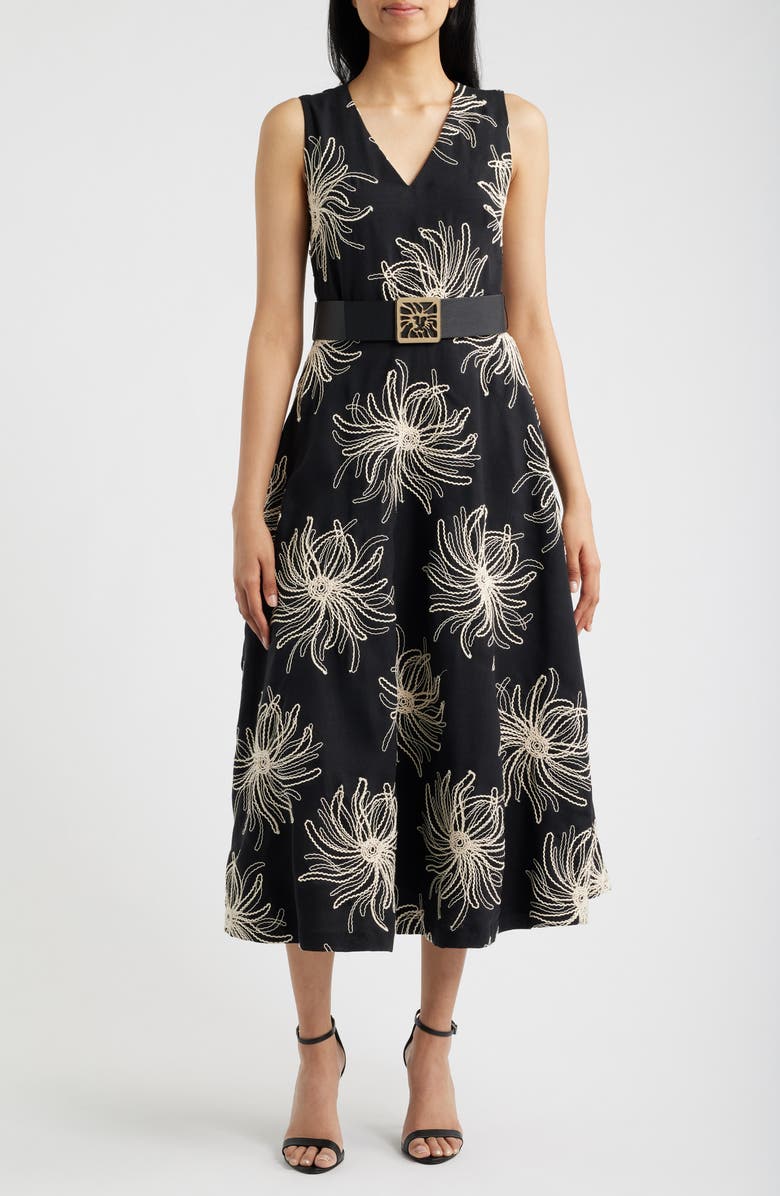 Anne Klein Embroidered Belted Midi Dress, Main, color, Anne Black / Ivory