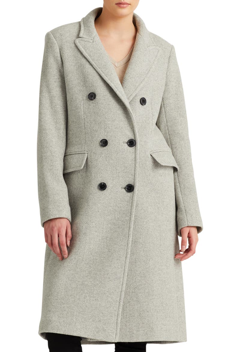 Double Breasted Wool Blend Maxi Coat, Main, color, LIGHT GREY HERRINGBONE