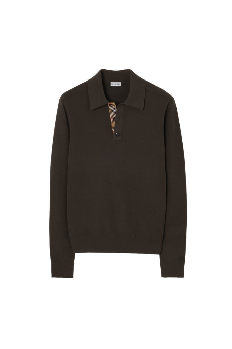 Long-sleeve Wool Polo Shirt, Main, color, Chocolate brown