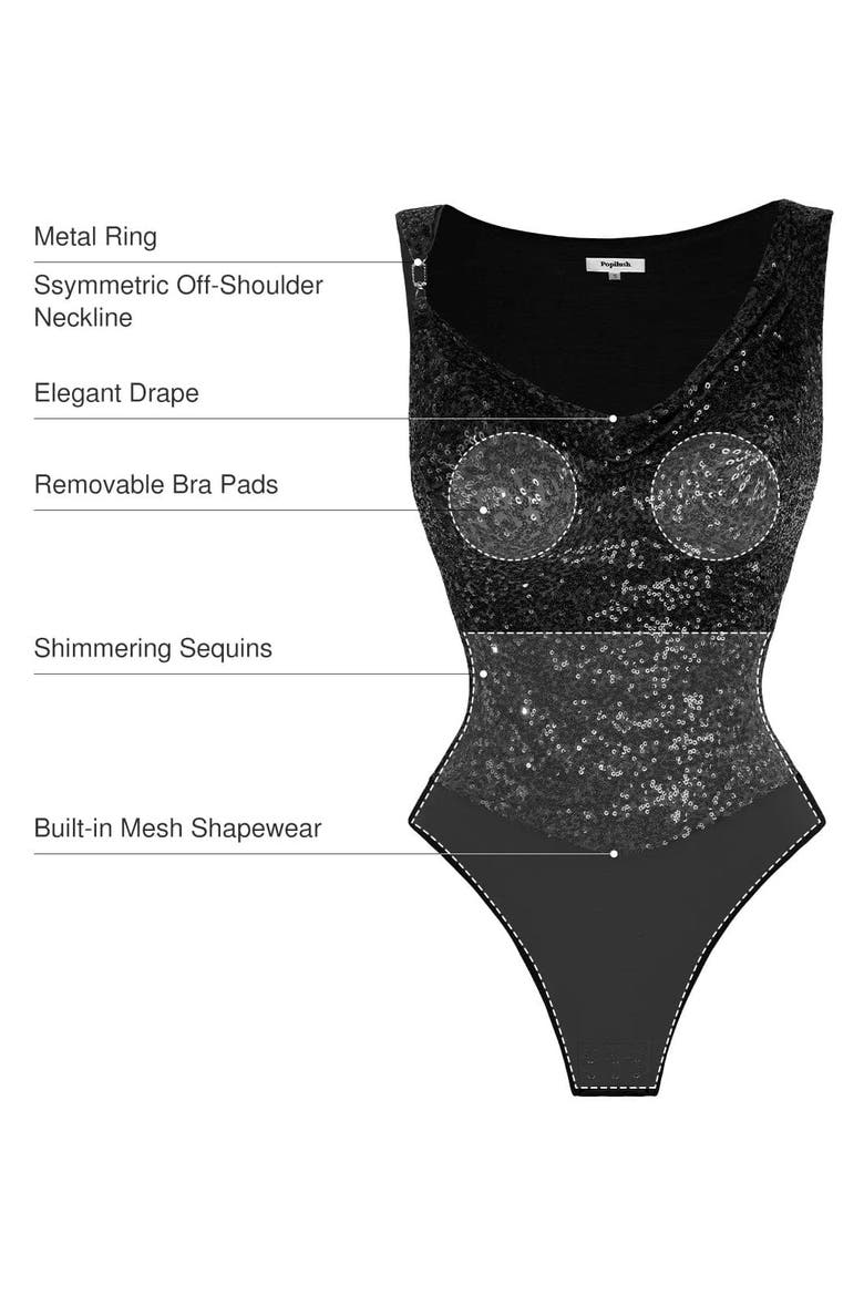 Sequin Cowl Neck Chain Detail Sculpting Bodysuit, Alternate, color, Classic black