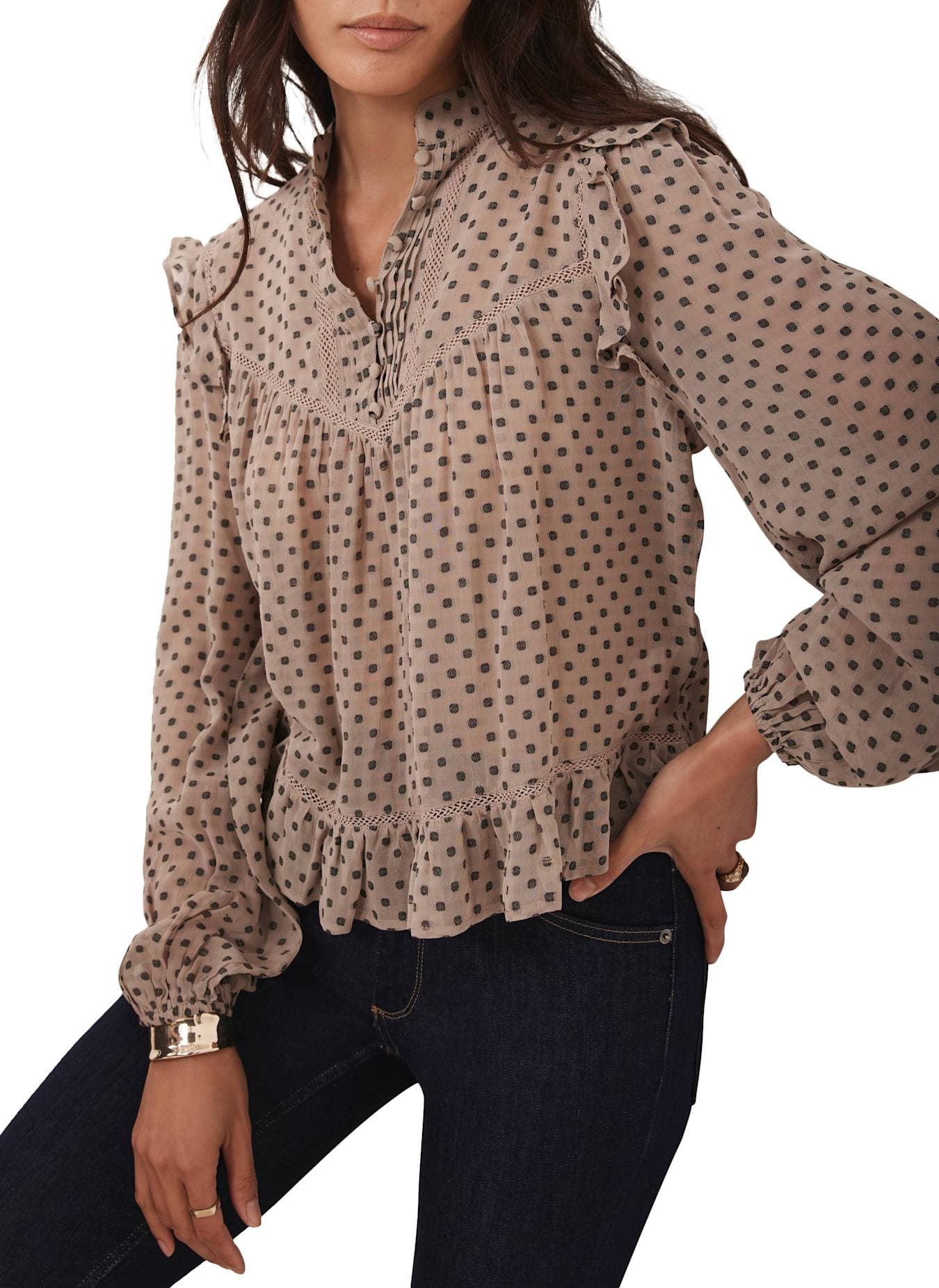 Neutral Jacquard Polka Dot Blouse - image 2