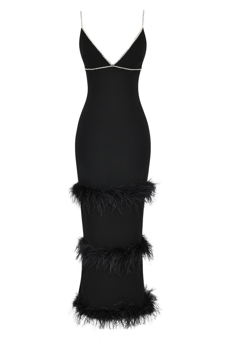 Maricel Feather Trim Cocktail Dress, Alternate, color, BLACK