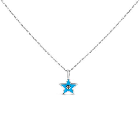 Sterling Silver Blue Enamel and Diamond Accent Star Pendant Necklace