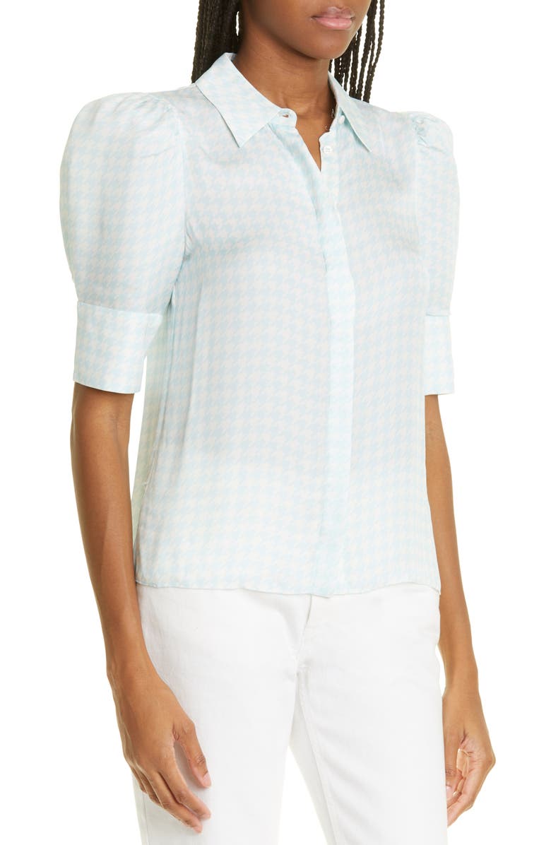 Alice + Olivia Willa Puff Sleeve Silk Button-Up Shirt, Alternate, color, 
