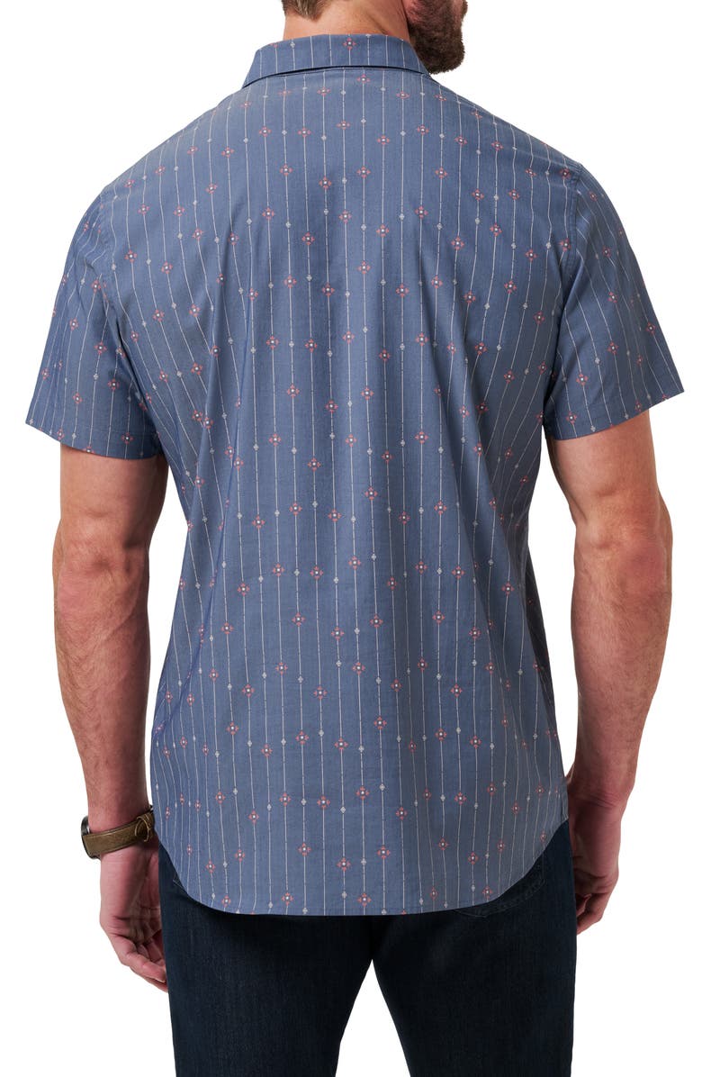 TravisMathew Deco Short Sleeve Cotton Blend Button-Up Shirt, Alternate, color, Heather Mood Indigo