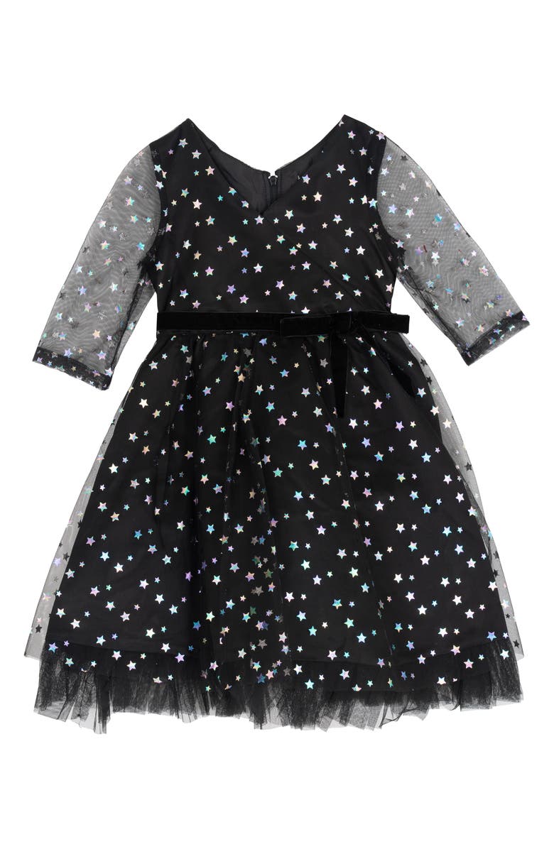 Rare Editions Kids' Foil Stars Mesh Party Dress, Main, color, Black